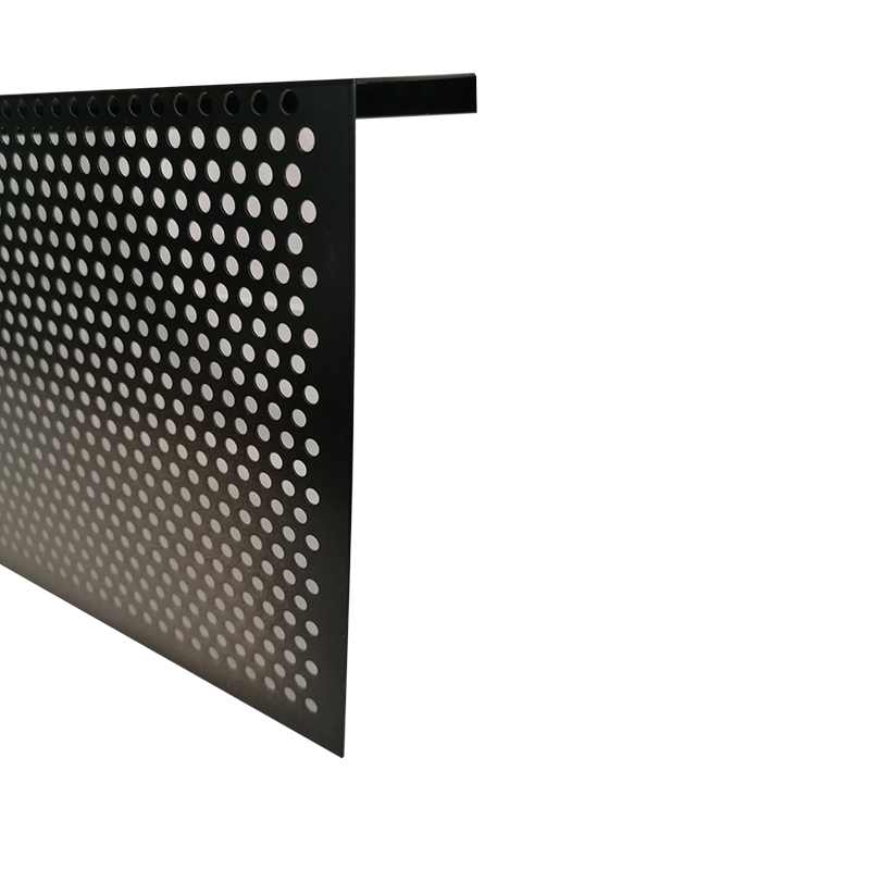 Plaque métallique perforée noire avec trous circulaires.